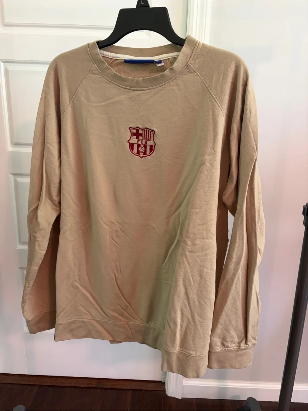 Beige Crewneck Men's Sweatshirt with Embroidered FC Barcelona Crest